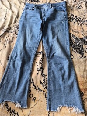 LOFT Size 10/30 High Waist Flare Crop Blue Jeans Raw Hem Light Distressing